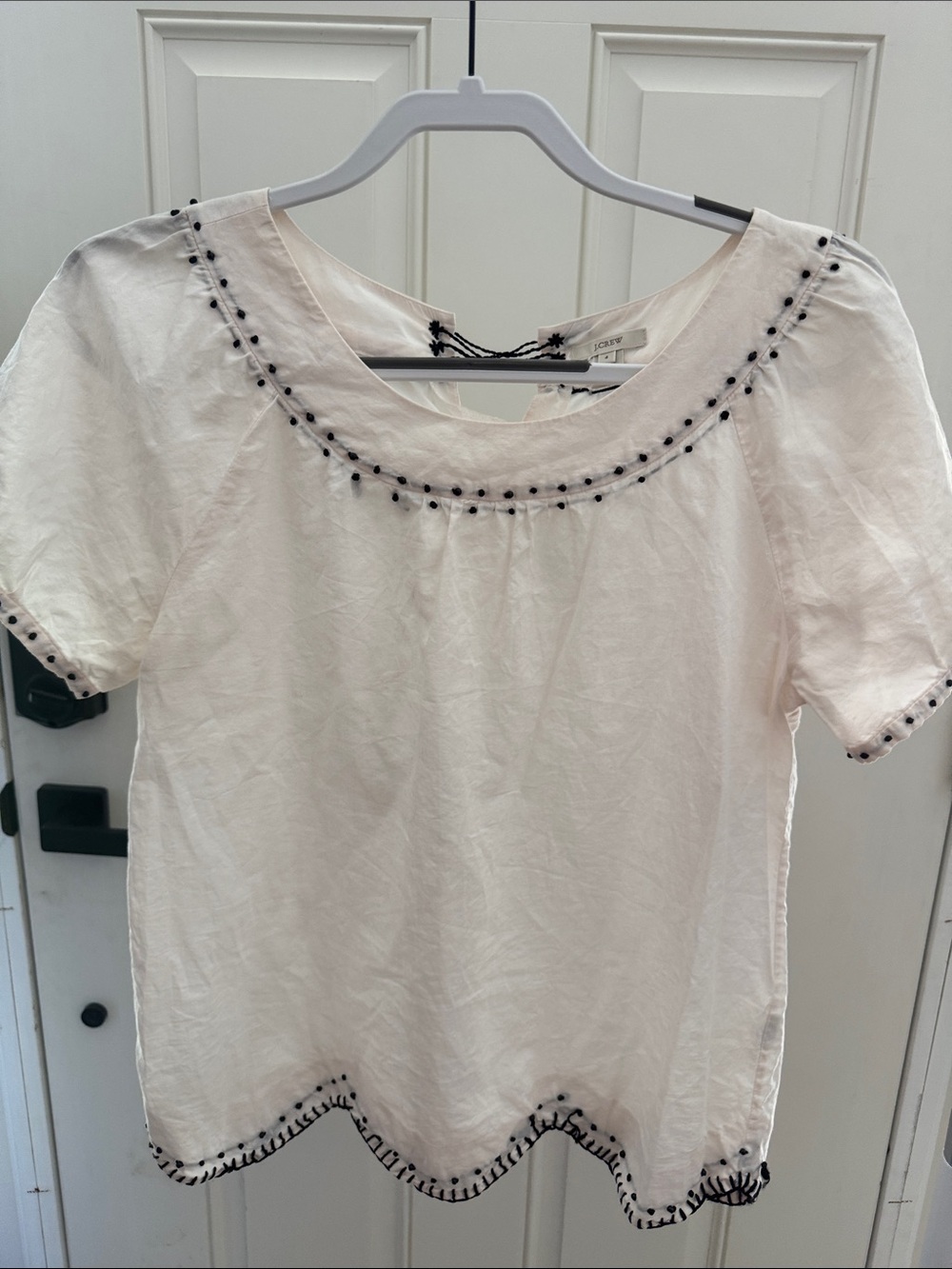 J. Crew Cream Short Sleeve Blouse with Black Embroidery